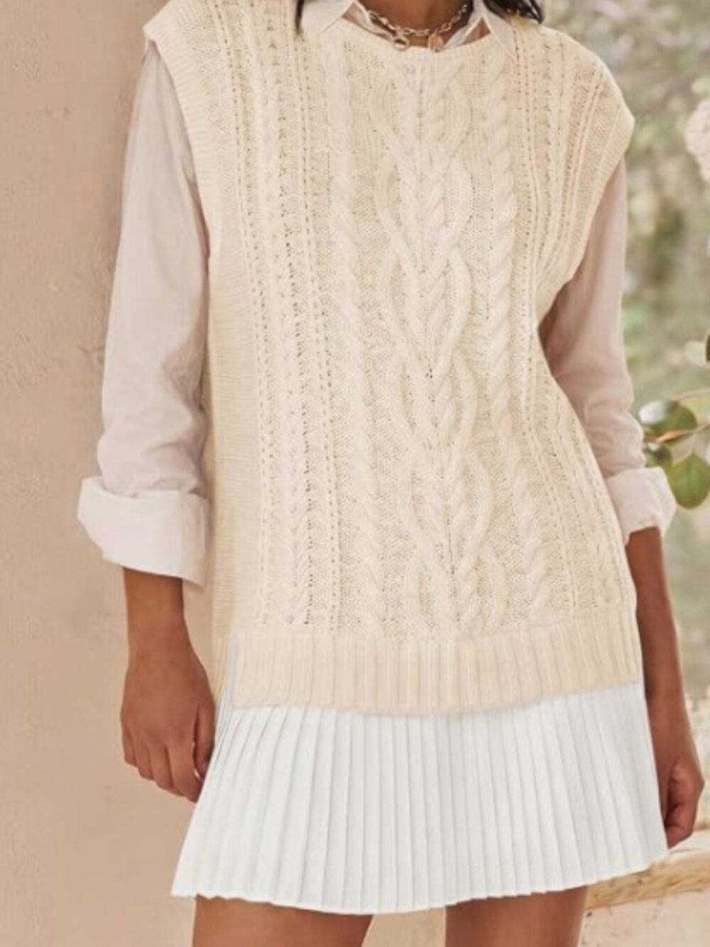 Fisoew Womens Cable Knit Sweater Vest Pleated Patchwork Sleeveless Dress